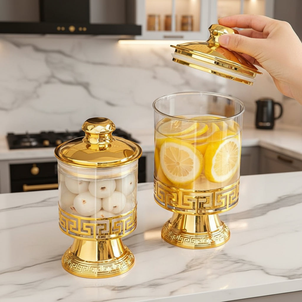 Premium Acrylic 3- Pieces Storage Jars Set With Golden Stand