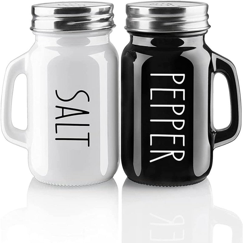 Salt and Pepper Shaker Set, Glass Black and White Shaker Set with Stainless Steel Lid (Black / White)