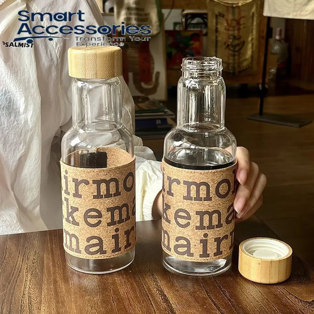 Wooden Design Leather Sticker Glass Water Bottle