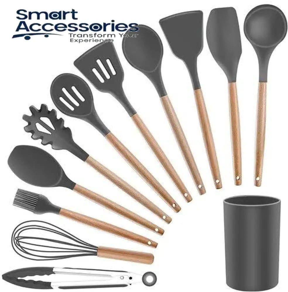 12Pcs Kitchen Utensil Set Silicone Cooking Utensils Kit Spatula Heat Resistant Wooden Spoons