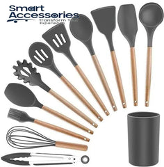 12Pcs Kitchen Utensil Set Silicone Cooking Utensils Kit Spatula Heat Resistant Wooden Spoons