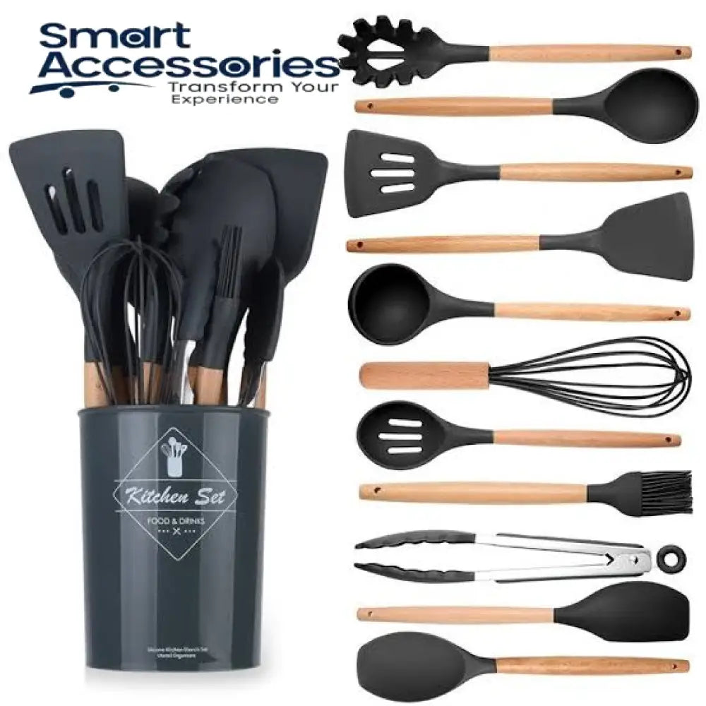 12Pcs Kitchen Utensil Set Silicone Cooking Utensils Kit Spatula Heat Resistant Wooden Spoons