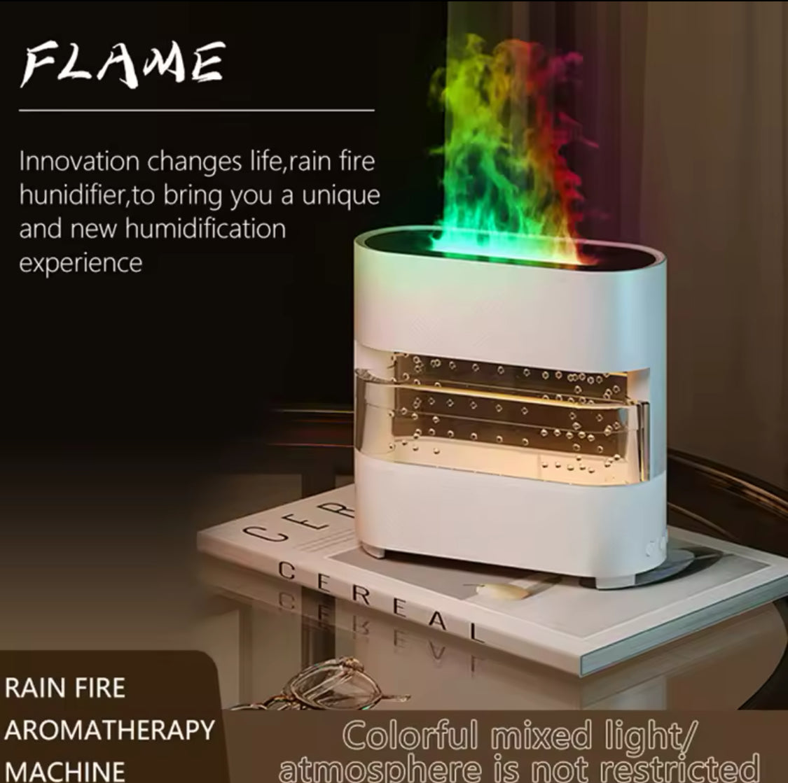 Rain Drops Simulation Flame Humidifier, Colourful Rain And Fire Aroma Diffuser