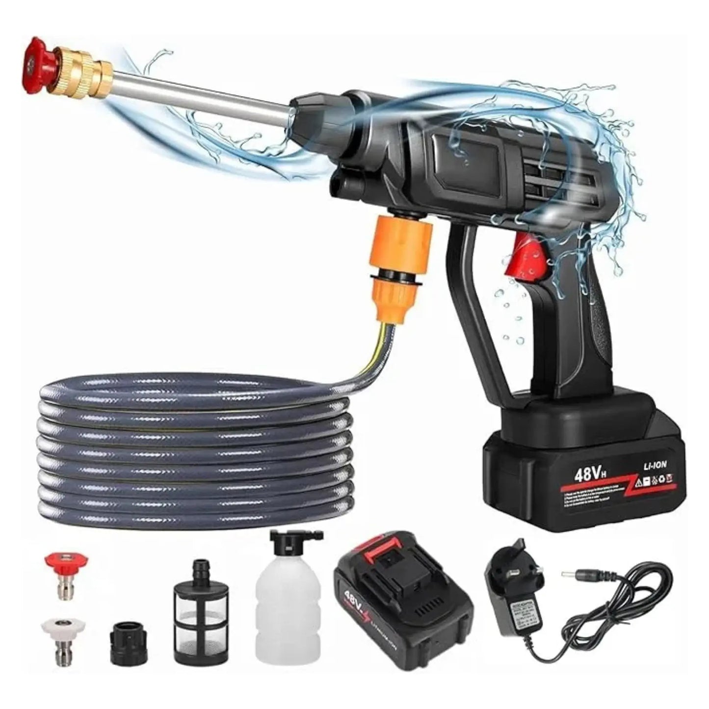 Power washer with hose, nozzles, and accessories on a white background