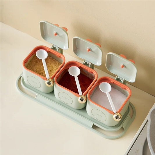 Elegant 3-Piece Spice Jar Set with Tray & Spoons – Airtight Kitchen Storage