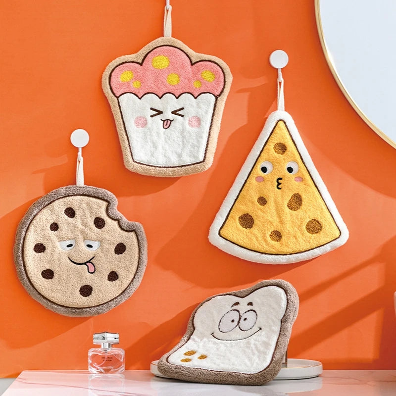 "Cute Bread & Cheese Hanging Hand Towel – Soft Coral Fleece, Ultra Absorbent"