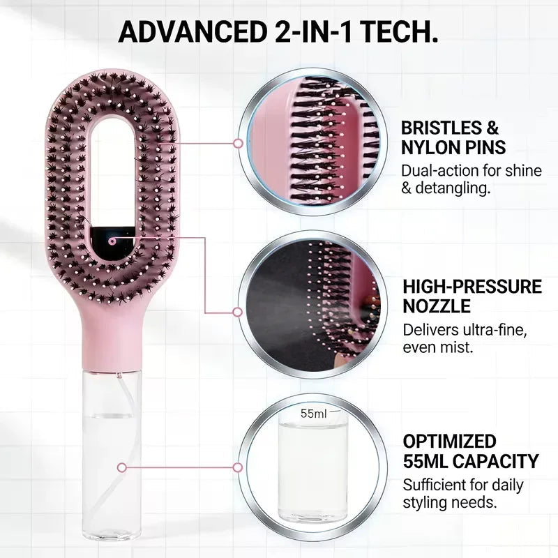 2-in-1 Fine Mist Spray Hair Brush with Refillable 55ml Bottle
