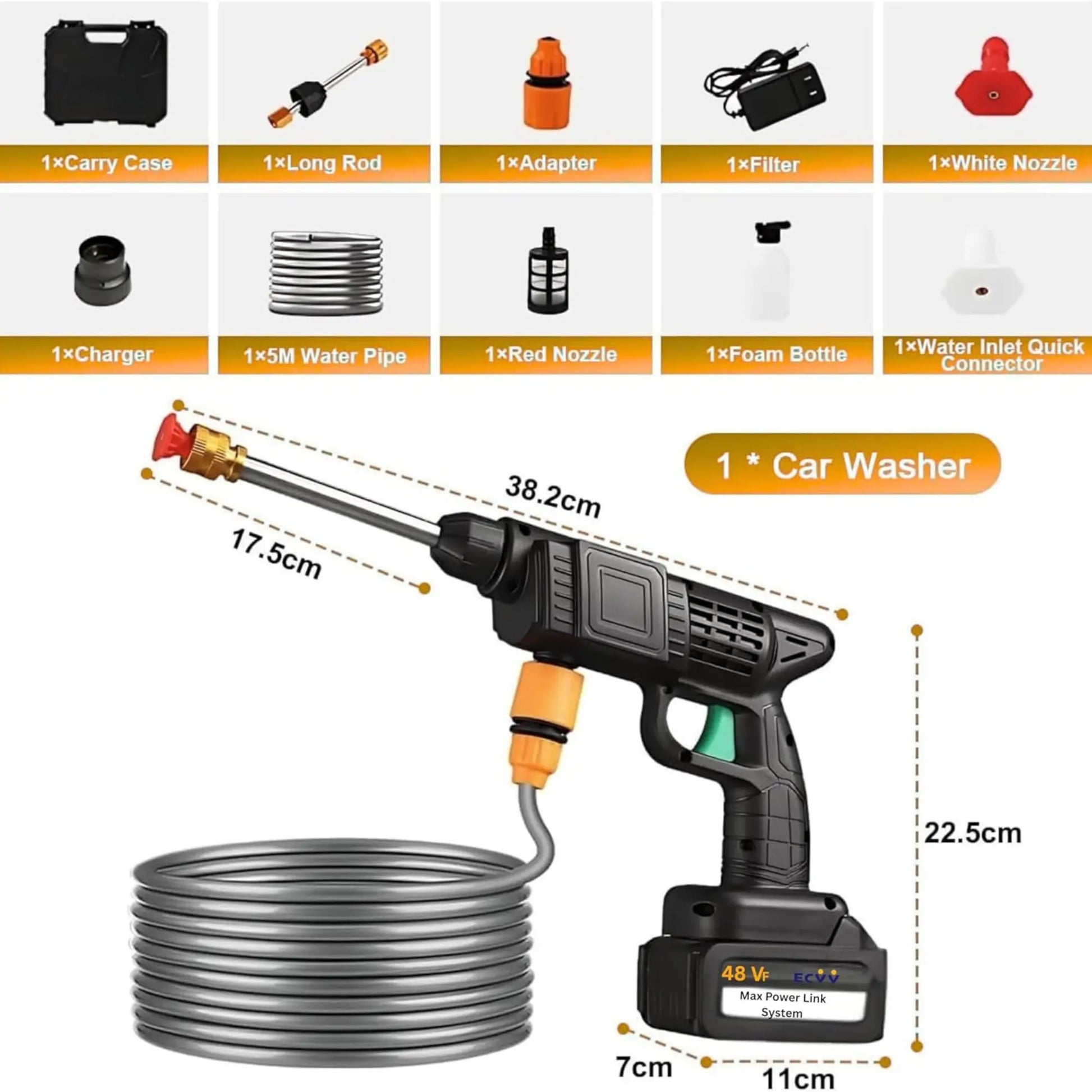 Car washer with components listed on a white background