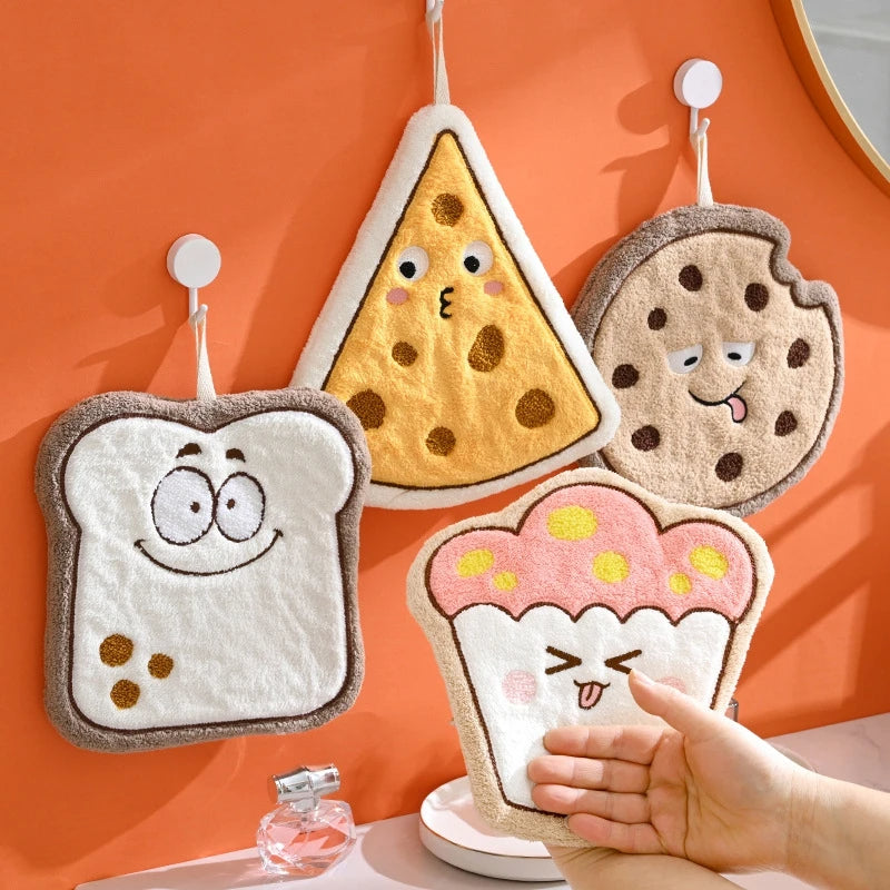 "Cute Bread & Cheese Hanging Hand Towel – Soft Coral Fleece, Ultra Absorbent"