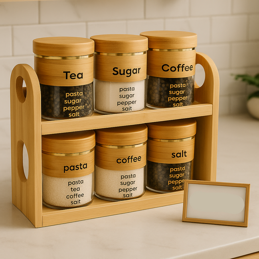 6-Piece Glass Jar Set with Stand – Kitchen Storage Organizer
