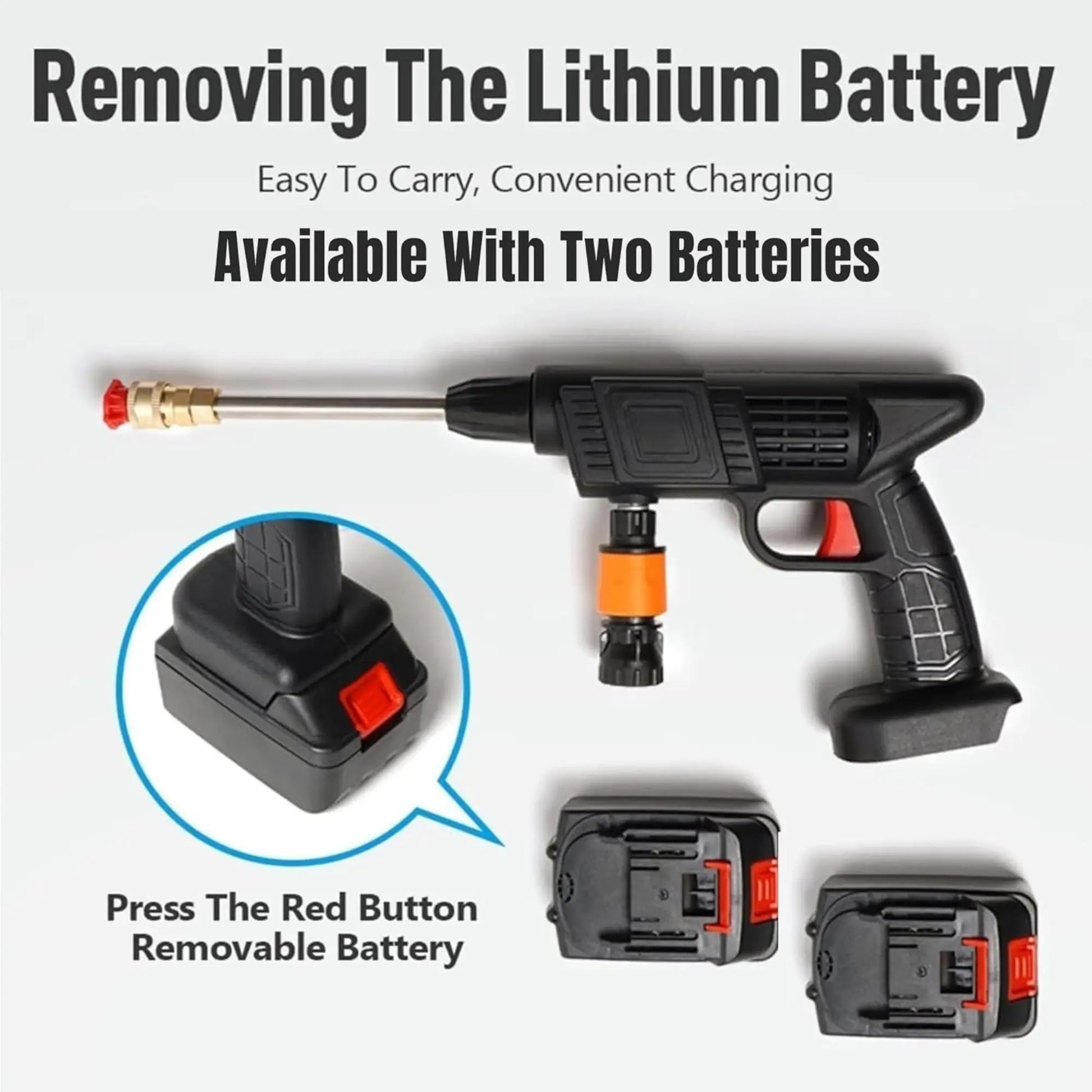 Cordless drill with detachable battery on a white background, highlighting the removable lithium battery feature.