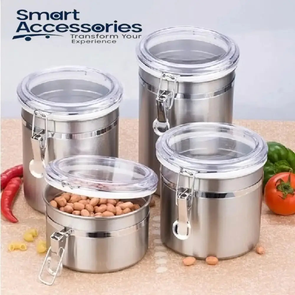 4 Pcs Airtight Stainless Steel Jar Canister Coffee Flour Sugar Tea Container Holder