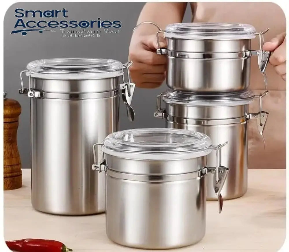 4 Pcs Airtight Stainless Steel Jar Canister Coffee Flour Sugar Tea Container Holder