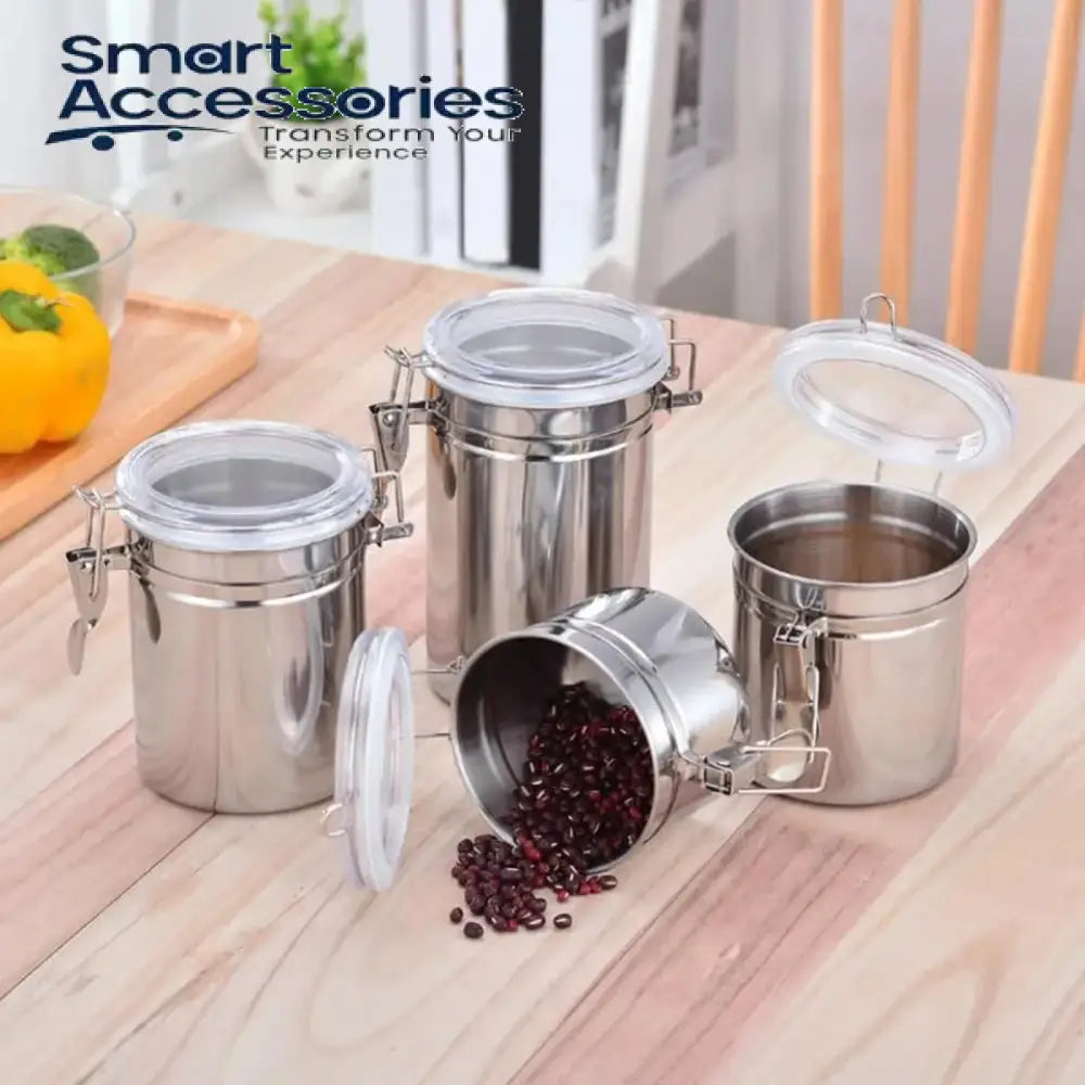 4 Pcs Airtight Stainless Steel Jar Canister Coffee Flour Sugar Tea Container Holder