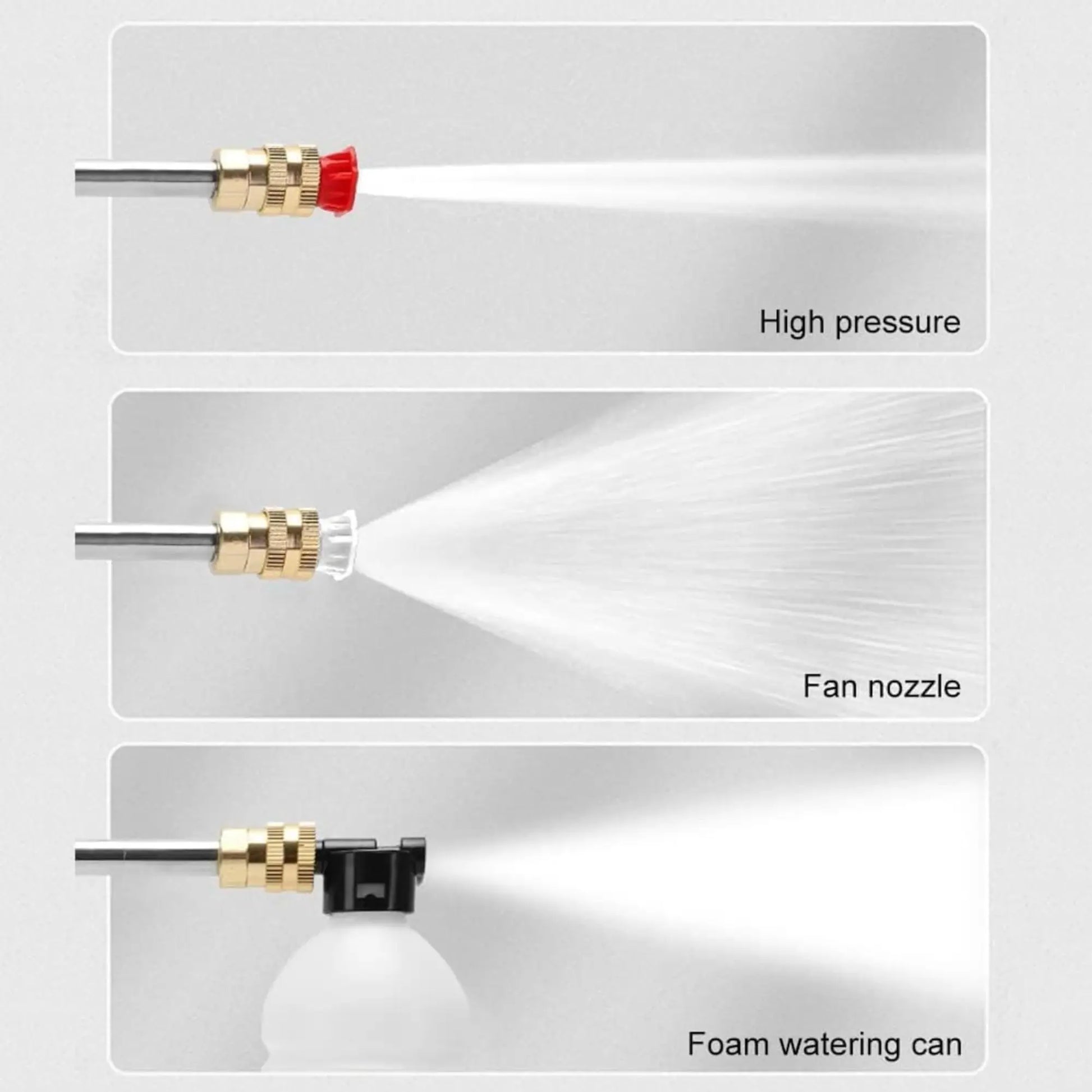 Three different nozzles for a high-pressure washer on a gray background.