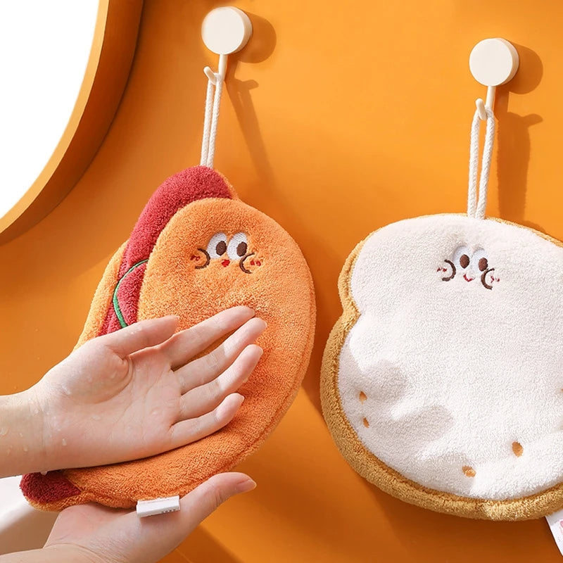 "Cute Bread & Cheese Hanging Hand Towel – Soft Coral Fleece, Ultra Absorbent"