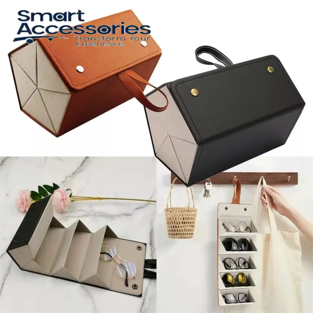 5-Slot Travel Foldable Sunglasses Organizer- Leather Hanging Eyeglasses Case
