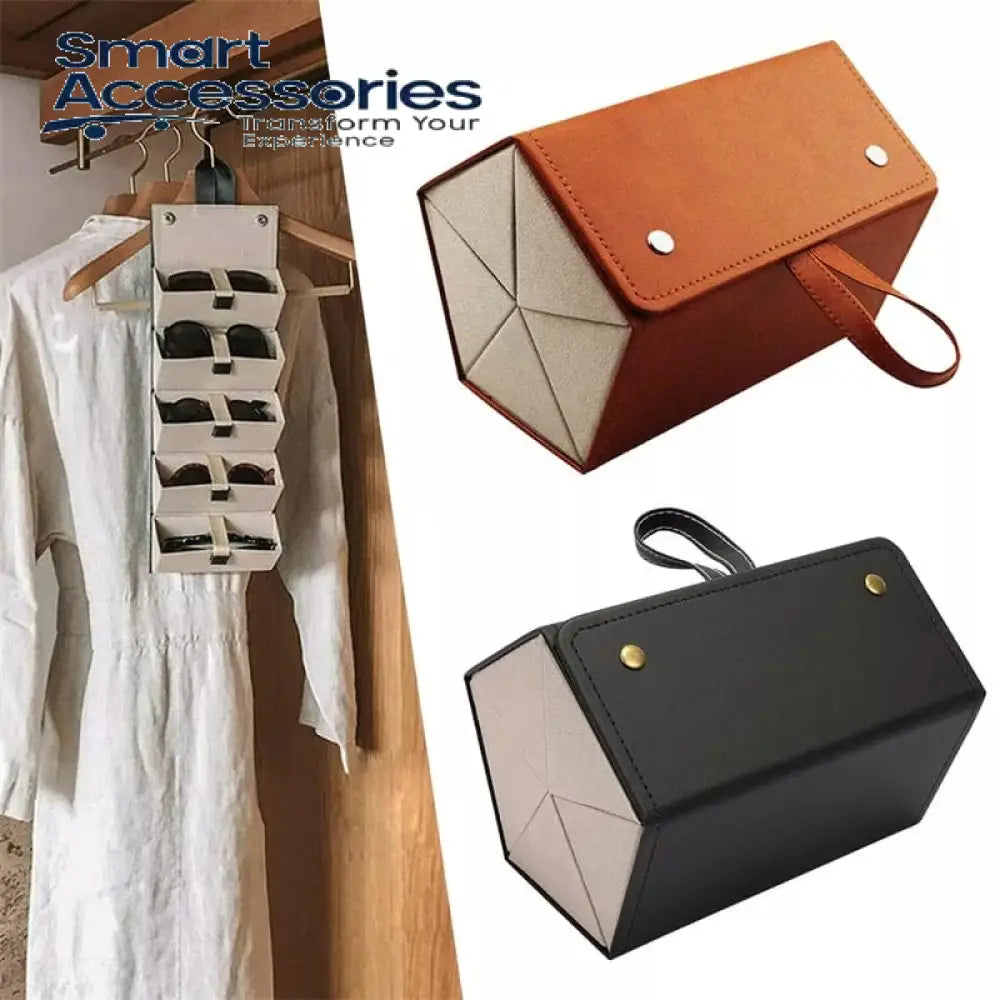 5-Slot Travel Foldable Sunglasses Organizer- Leather Hanging Eyeglasses Case
