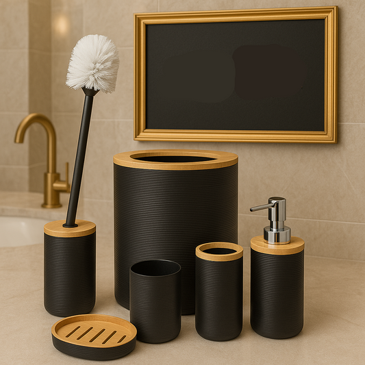 Premium Black 6 Pcs Bathroom Accessories Set with Bamboo Accents – Modern Luxury