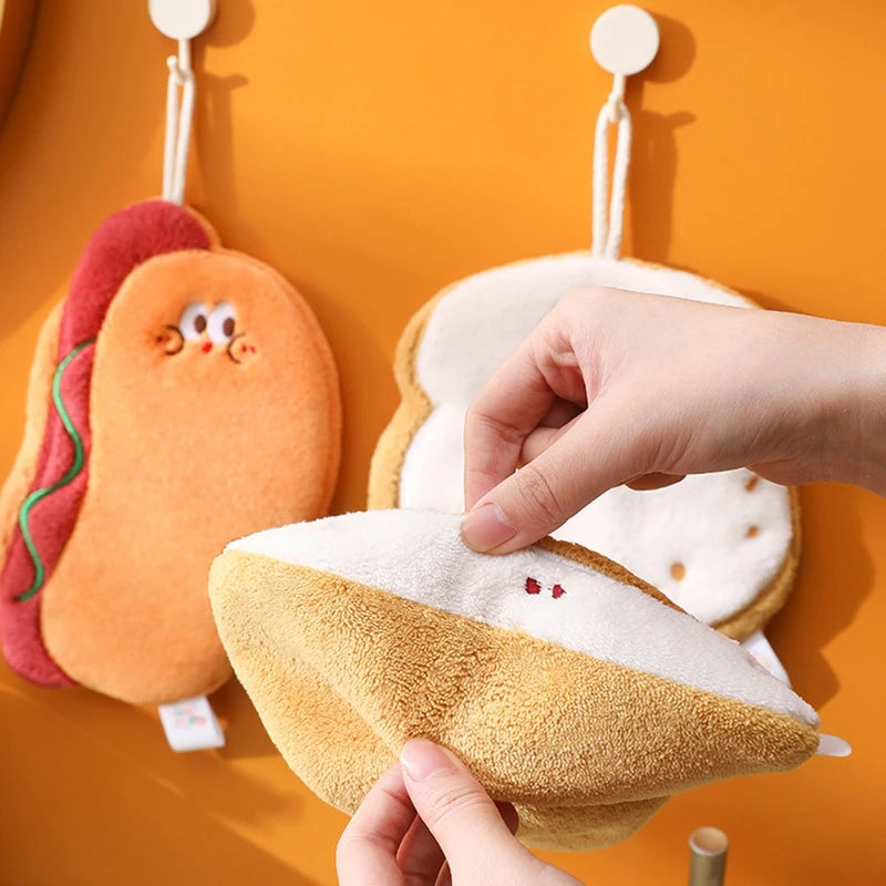 "Cute Bread & Cheese Hanging Hand Towel – Soft Coral Fleece, Ultra Absorbent"