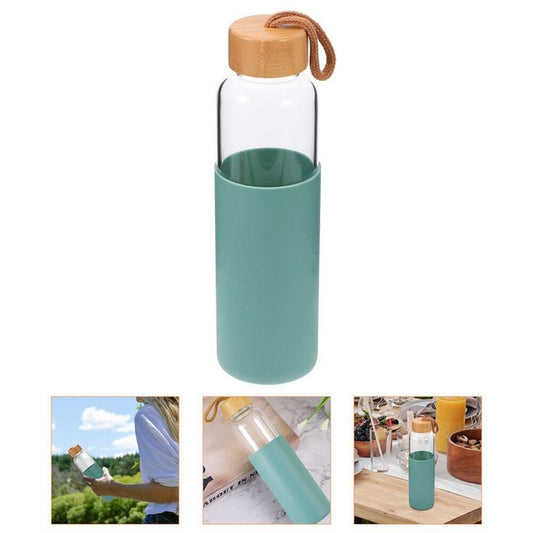 Glass Water Bottle with Wood Lid and Silicone Sleeve