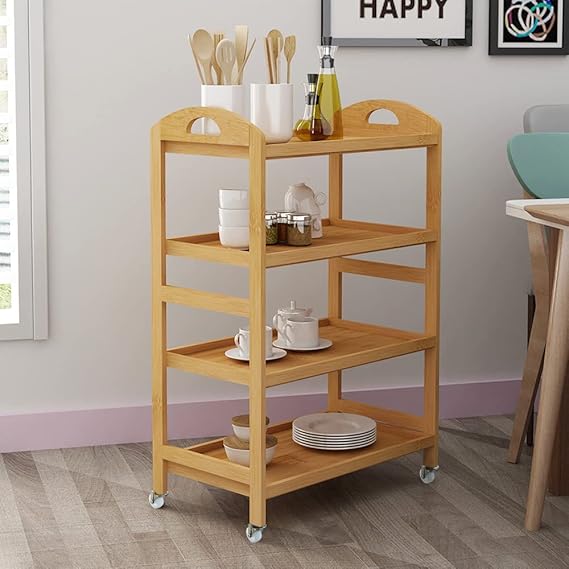 Bamboo Kitchen Island Cart, Rolling Kitchen Trolley with 4 Shelves for Living Room, Bathroom