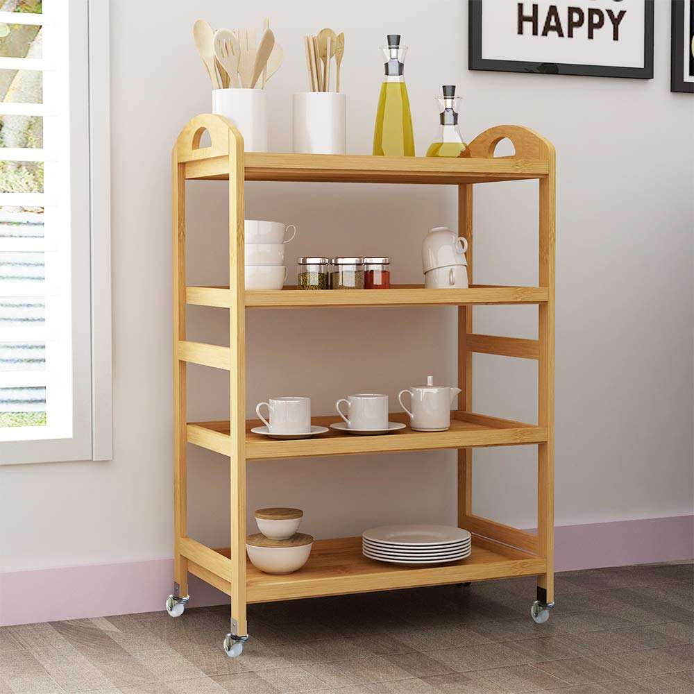 Bamboo Kitchen Island Cart, Rolling Kitchen Trolley with 4 Shelves for Living Room, Bathroom
