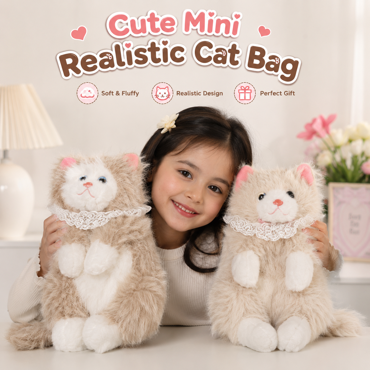 Child holding two plush cat toys with text 'Cute Mini Realistic Cat Bag' on a light background.