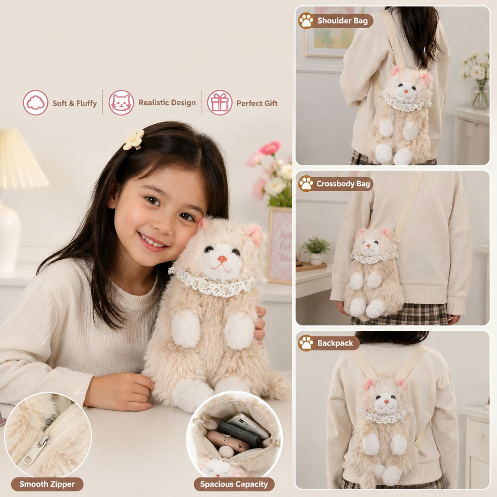 Cute mini realistic cat bag with a girl holding it, shown in various uses including shoulder bag, crossbody bag, and backpack.