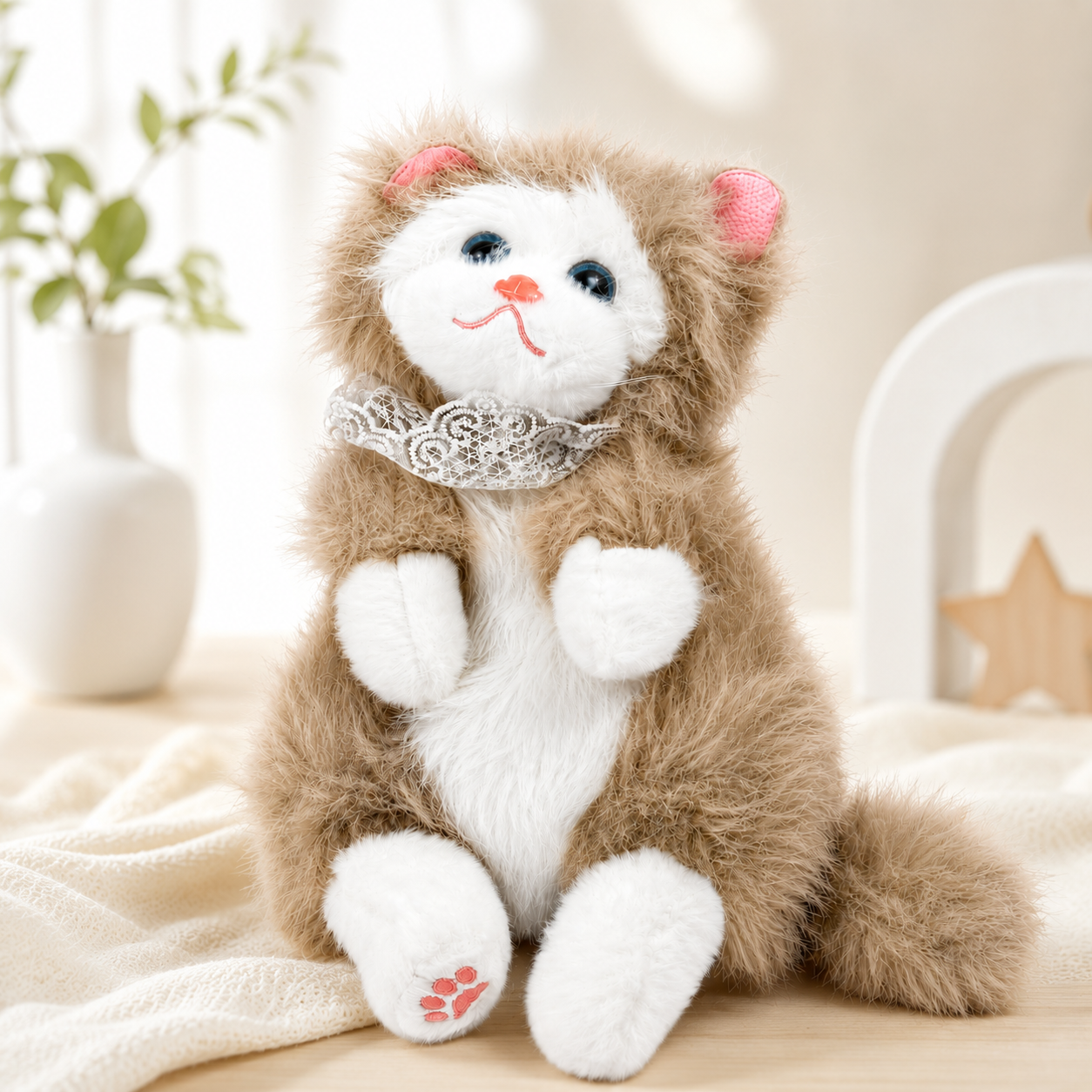 Plush toy cat with a decorative collar on a soft surface with a blurred background