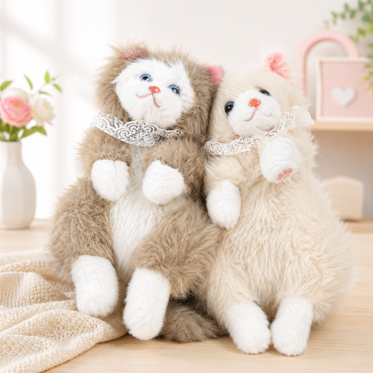 Two plush toys resembling a cat and a dog sitting together on a wooden surface with a light background.