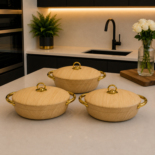 3 Pcs Premium Light Wood Finish Insulated Casserole Hotpot with Gold Handles  Description: