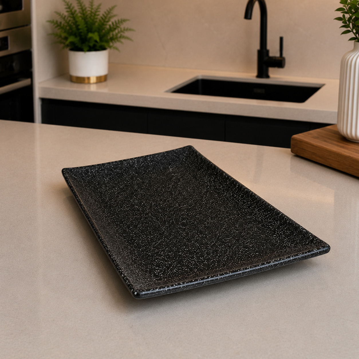 Winsor England 12.25 Inch Porcelain Rectangular Serving Plate – Black Speckled Finish