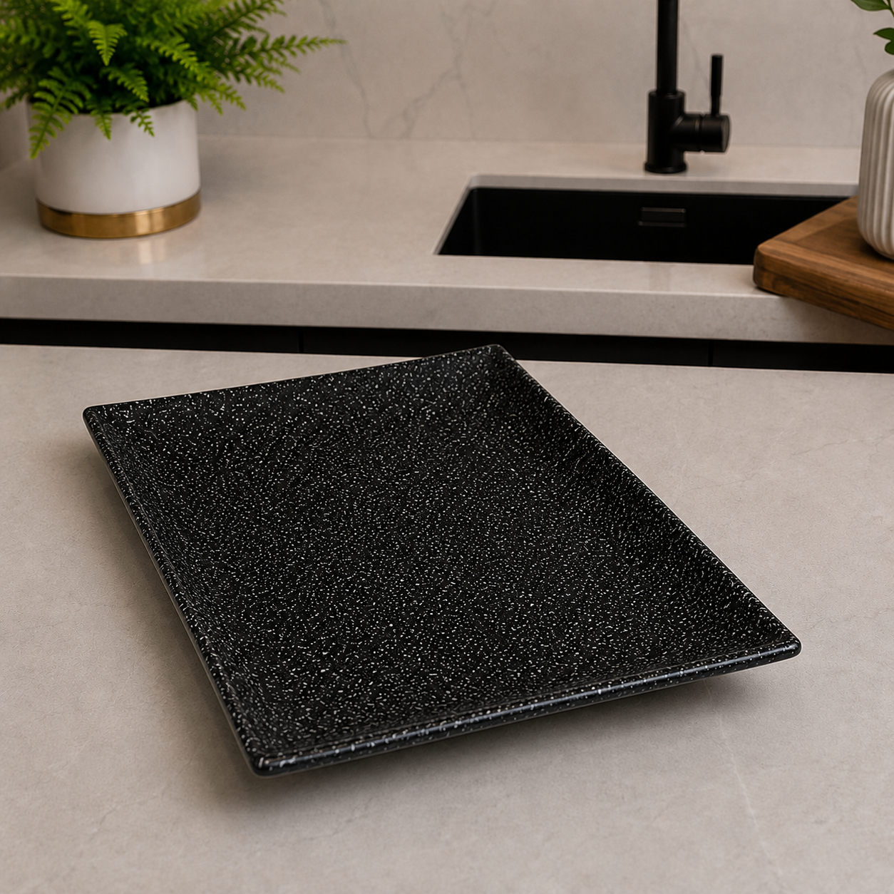 Winsor England 10.75 Inch Porcelain Rectangular Serving Plate – Black Speckled Finish