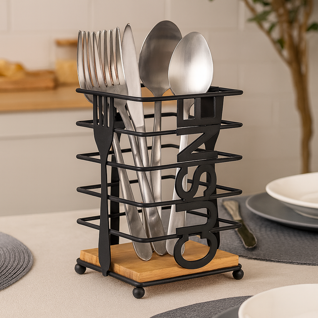 Modern Metallic & Oak Square Spoon Holder