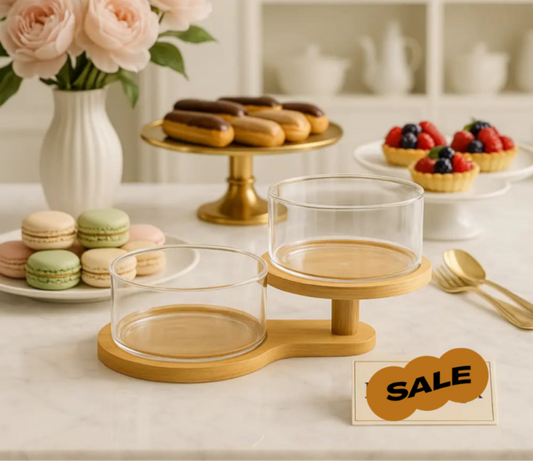 Luxury Dual Glass Dessert Bowl Set with Bamboo Stand – Tiered Dessert Server for Home & Events
