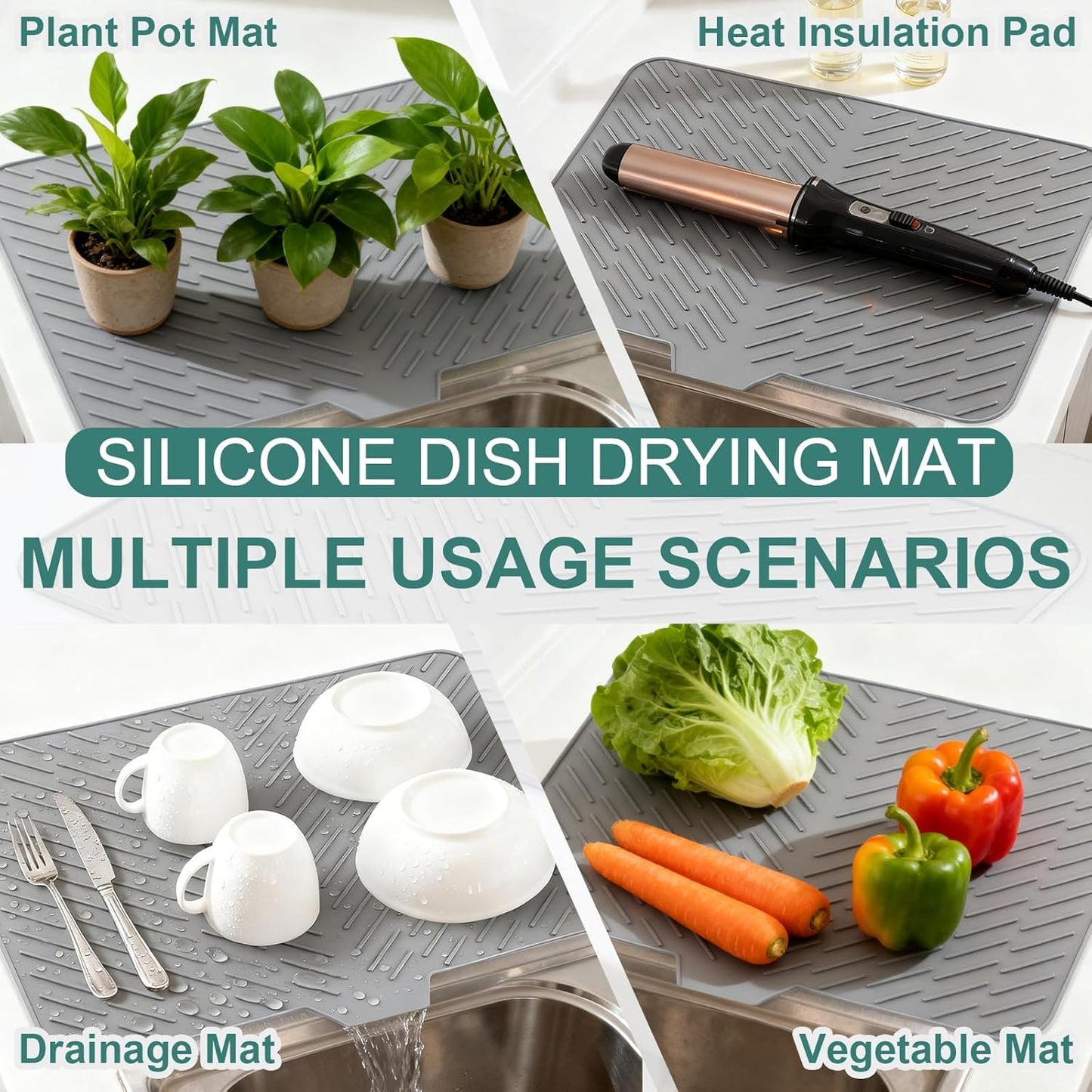 Silicone Dish Drying Mat for Kitchen Counter, Dish Drying Pad, Non-Slip Drain Pad with Built-in Drain, Heat Resistant Non-Slip