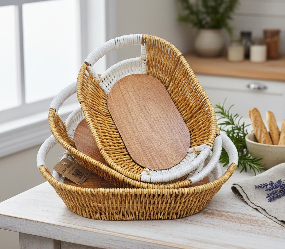 Set Of 3 Oval Rattan Basket, Non Woven Imitation Tray, Bread Basket Fruit Basket, Creative Display Snack Storage Basket