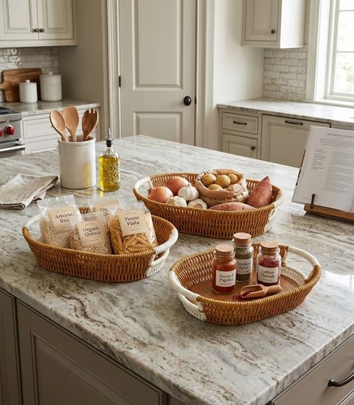 Set Of 3 Oval Rattan Basket, Non Woven Imitation Tray, Bread Basket Fruit Basket, Creative Display Snack Storage Basket