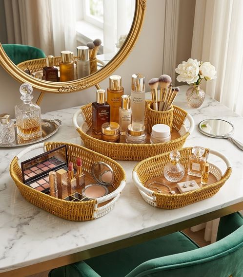 Set Of 3 Oval Rattan Basket, Non Woven Imitation Tray, Bread Basket Fruit Basket, Creative Display Snack Storage Basket