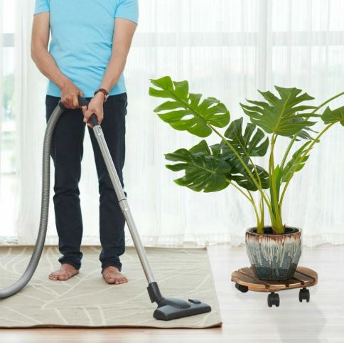 Wooden Plant Roller Stand with Lockable Wheels Caddy Planter Trolley
