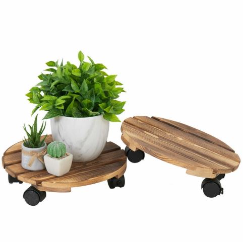Wooden Plant Roller Stand with Lockable Wheels Caddy Planter Trolley