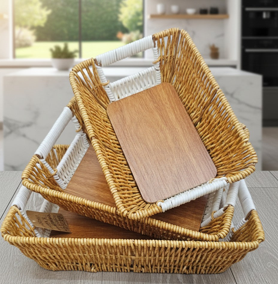 Set Of 3 Oval Rattan Basket, Non Woven Imitation Tray, Bread Basket Fruit Basket, Creative Display Snack Storage Basket