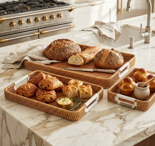 Set Of 3 Oval Rattan Basket, Non Woven Imitation Tray, Bread Basket Fruit Basket, Creative Display Snack Storage Basket