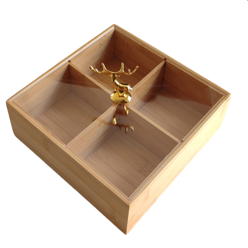 Golden Deer Wooden 4 Partition Dry Fruit Serving Dish