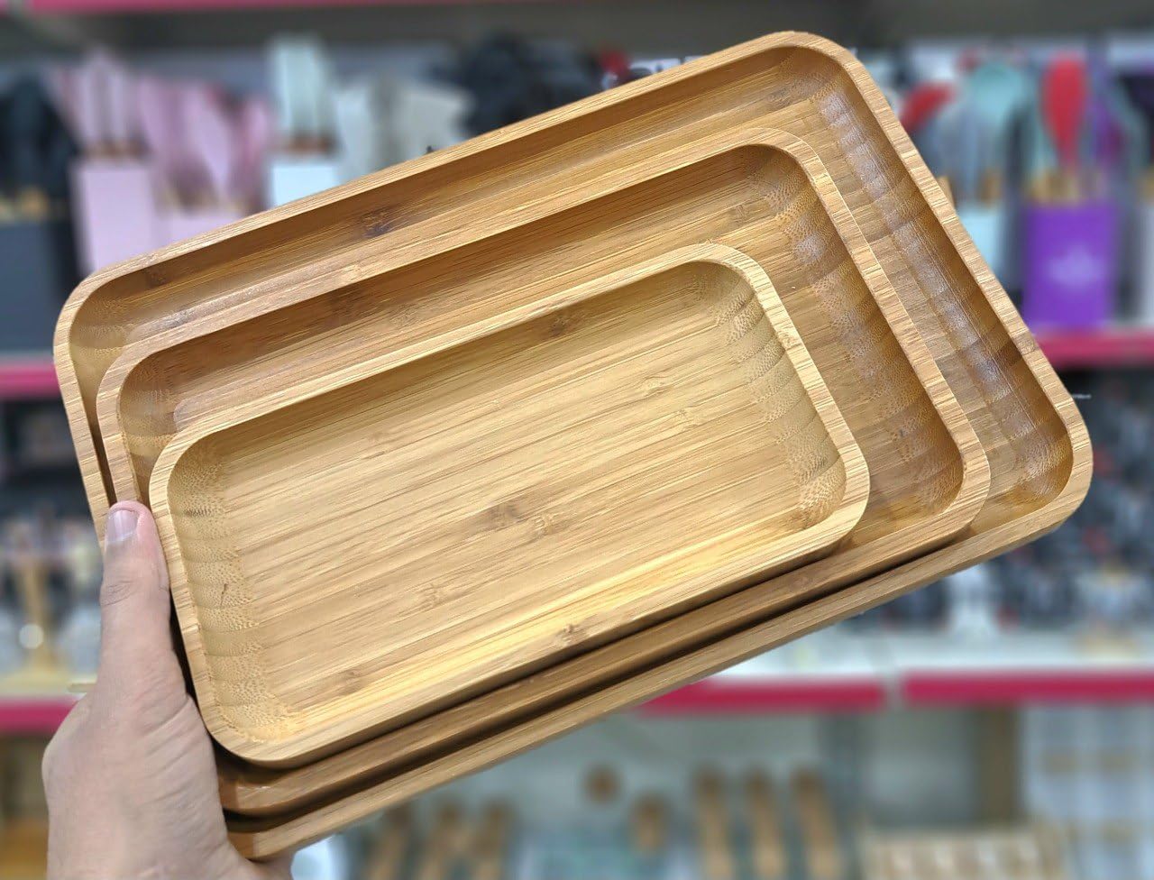 Set of 3 Rectangular Sizes Bamboo Serving Tray