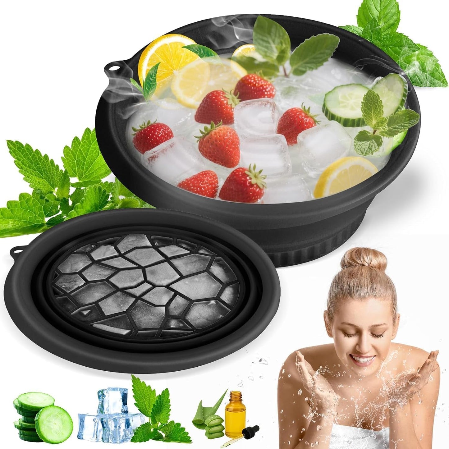 Silicone Ice Cube Bowl with Lid for Ice Facial & Cold Therapy, Foldable Facial Ice Bath with Built-in Icetray