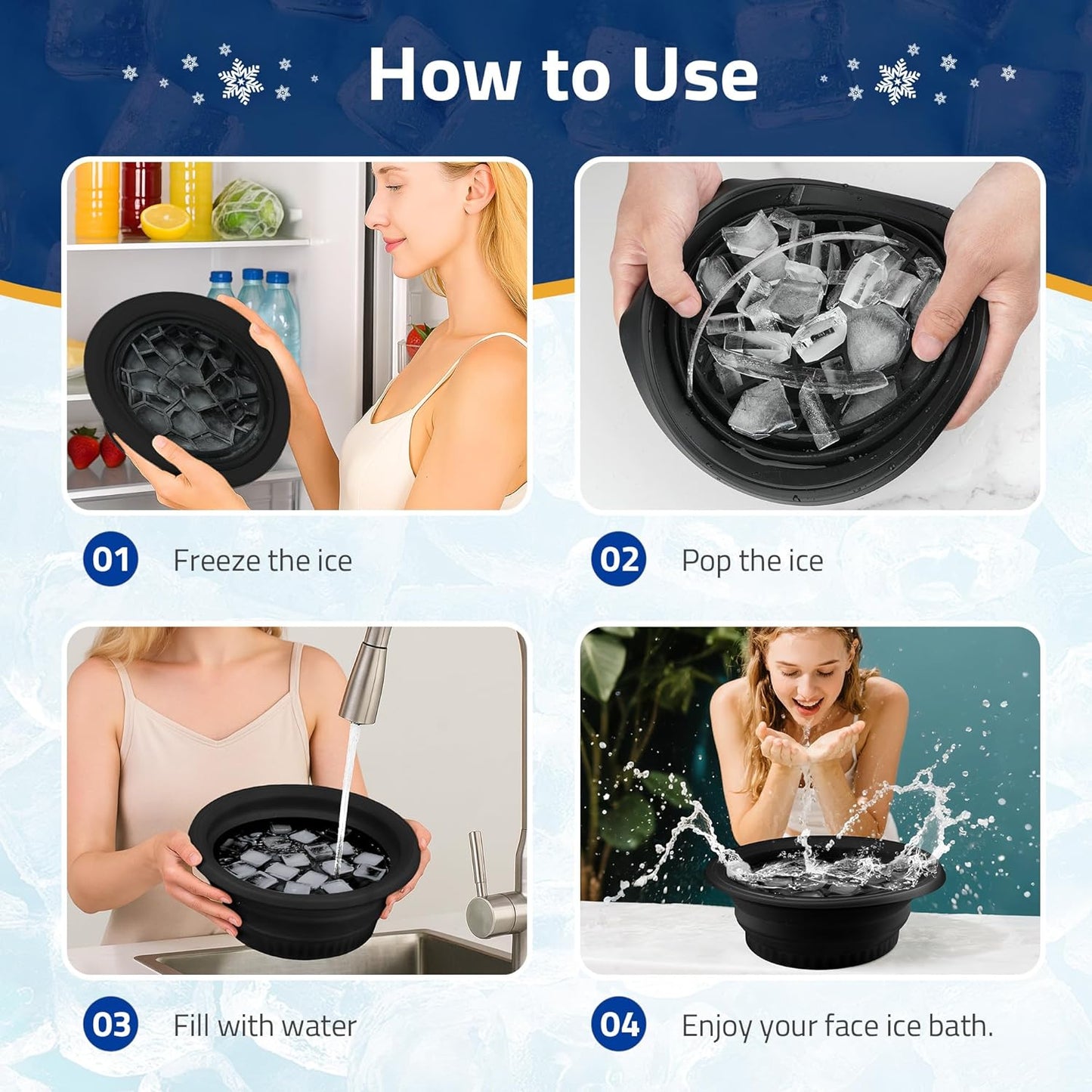Silicone Ice Cube Bowl with Lid for Ice Facial & Cold Therapy, Foldable Facial Ice Bath with Built-in Icetray