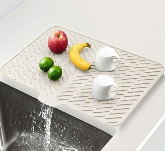 Silicone Dish Drying Mat for Kitchen Counter, Dish Drying Pad, Non-Slip Drain Pad with Built-in Drain, Heat Resistant Non-Slip