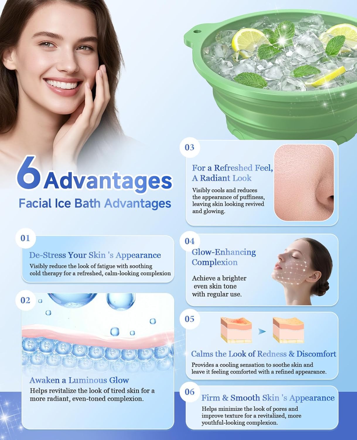 Silicone Ice Cube Bowl with Lid for Ice Facial & Cold Therapy, Foldable Facial Ice Bath with Built-in Icetray